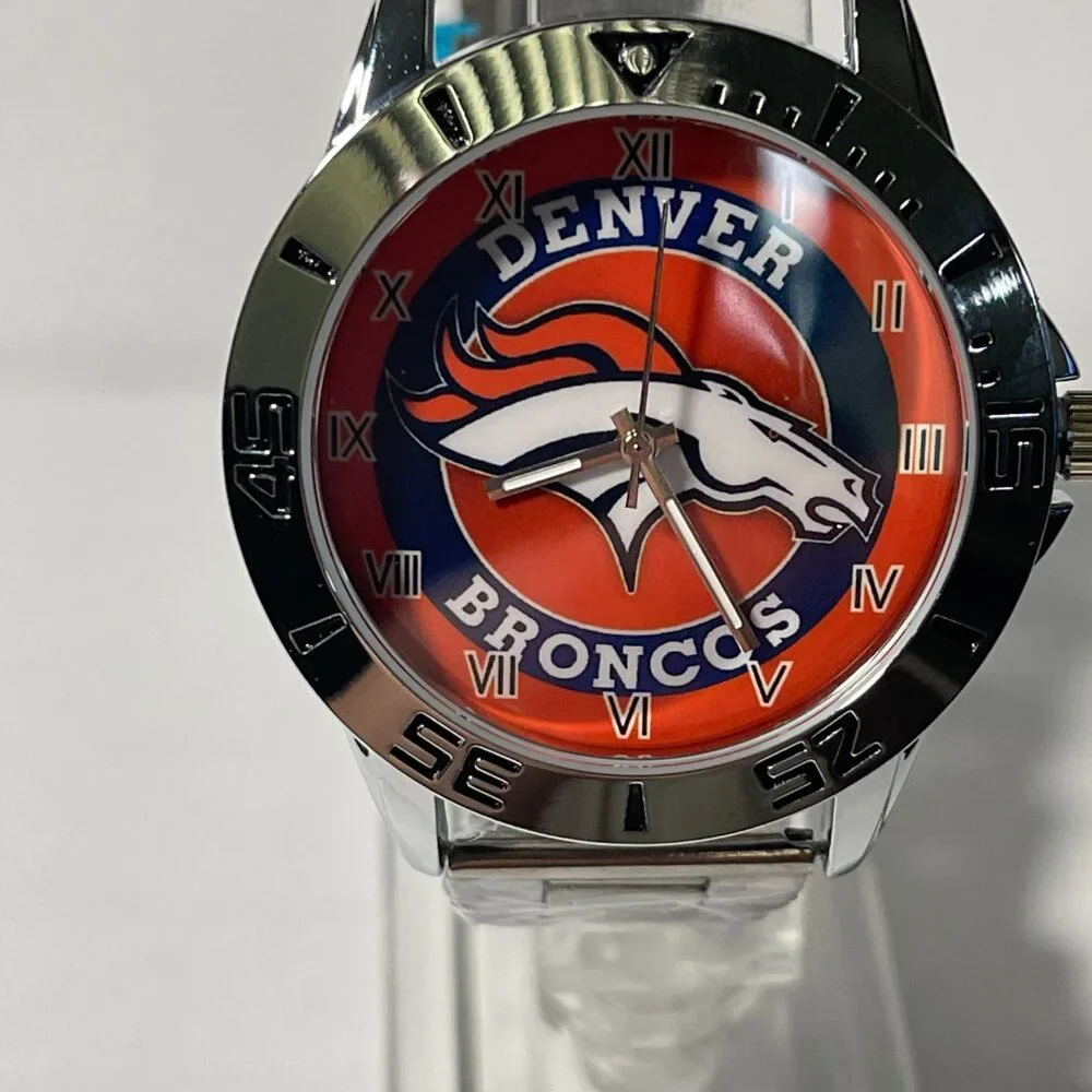 DENVER BRONCOS NFL Team Logo Men's Stainless-Steel Silver Watch NEW